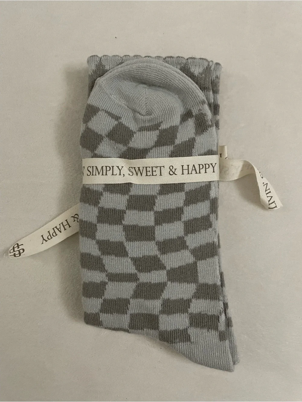 Simply Southern Gray Checkered Socks with Yellow Smiley Patch NWT 100% Cotton